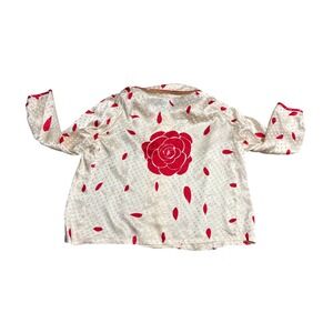 Vintage 80s Cream Red Rose Polka Dot Peter Pan Collar Blouse Womens Medium